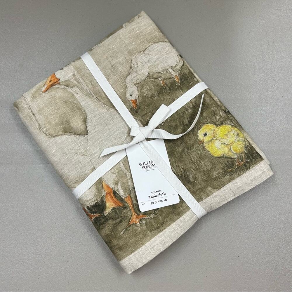 Williams Sonoma Volaille Tablecloth 100% Linen 70 x 108 Animals Rabbit Ducks NWT